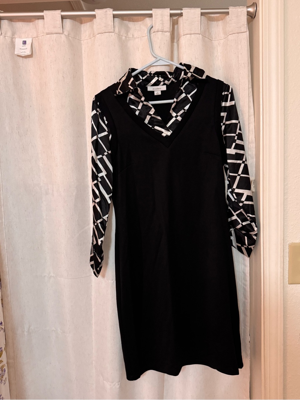 dressbarn Black Dress with Monochrome Geometric Sleeves